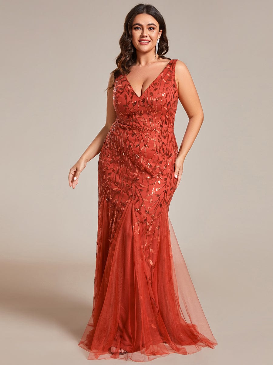 Plus Size V-Neck Sequin Bodycon Tulle Maxi Dress #color_Burnt Orange