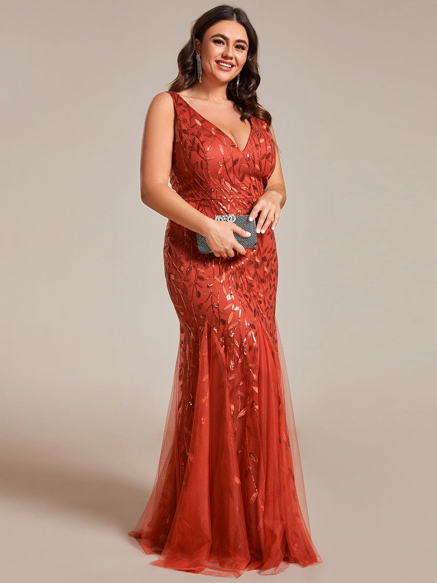 Plus Size V-Neck Sequin Bodycon Tulle Maxi Dress #color_Burnt Orange