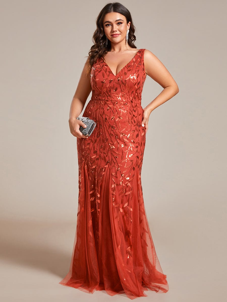 Plus Size V-Neck Sequin Bodycon Tulle Maxi Dress #color_Burnt Orange