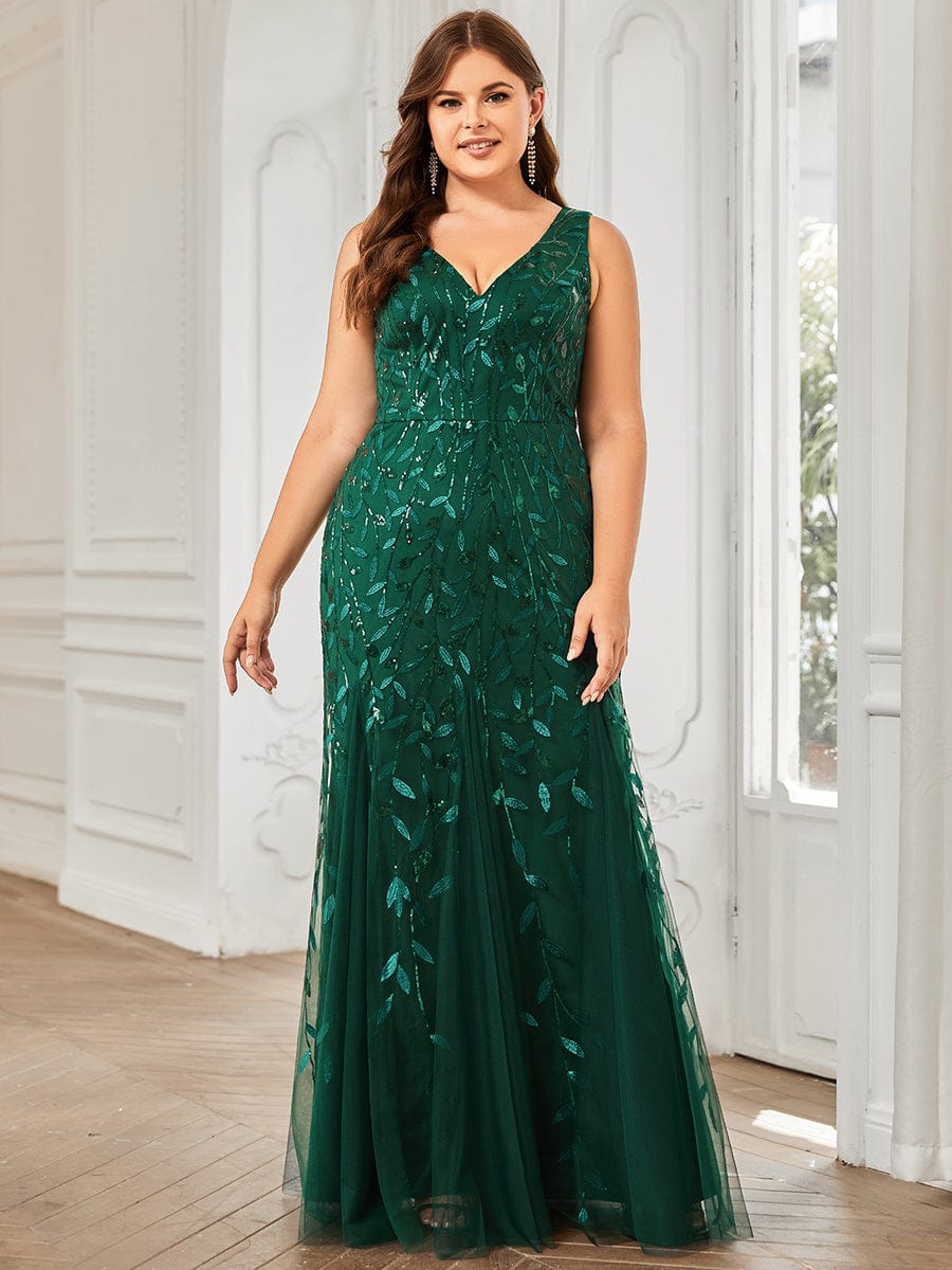 Plus Size V-Neck Sequin Bodycon Tulle Maxi Dress #color_Dark Green