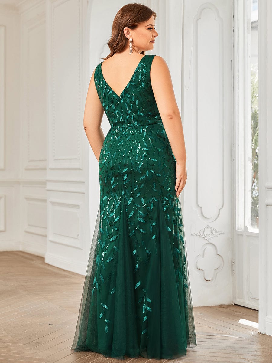 Plus Size V-Neck Sequin Bodycon Tulle Maxi Dress #color_Dark Green