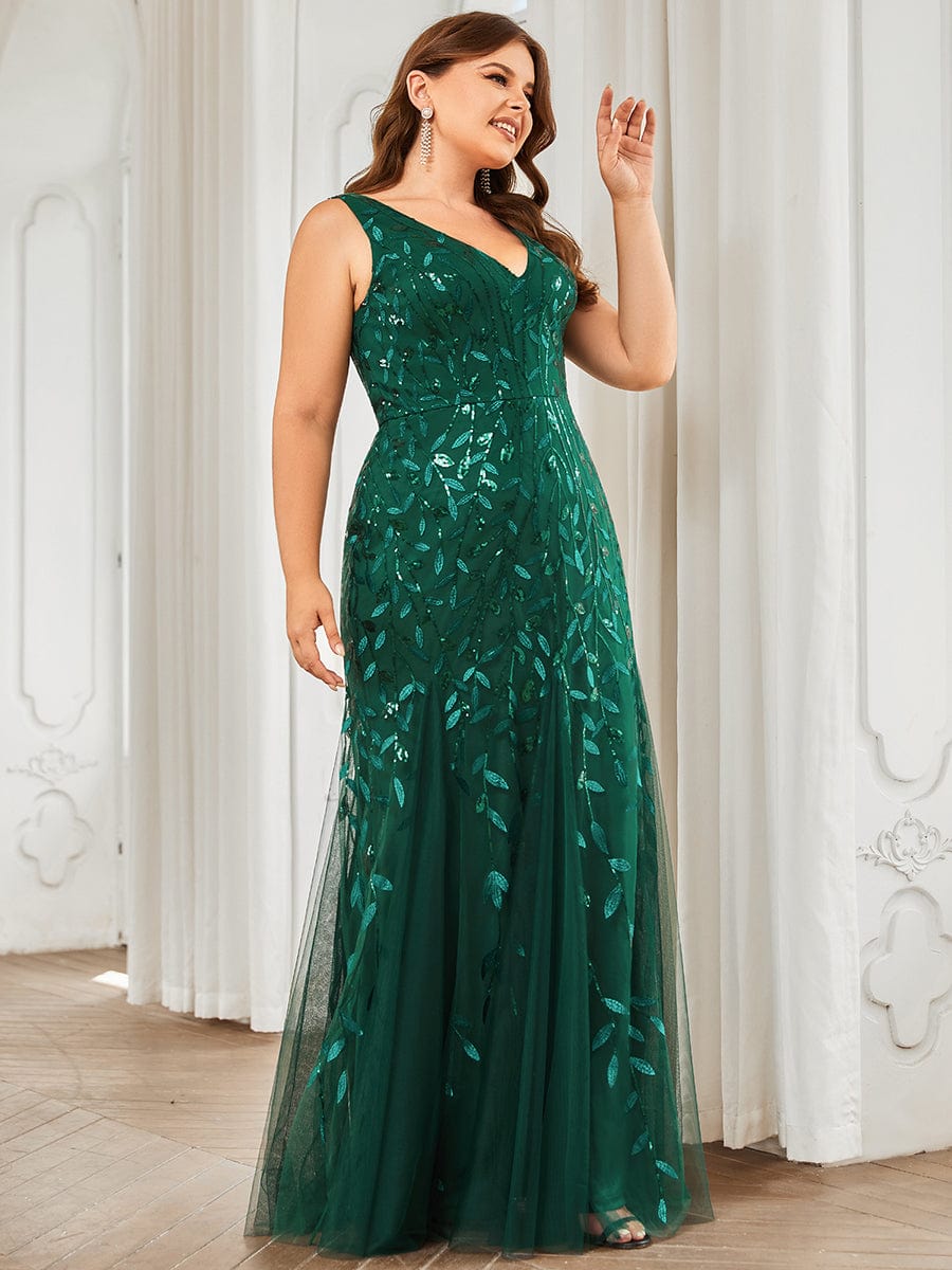 Plus Size V-Neck Sequin Bodycon Tulle Maxi Dress #color_Dark Green