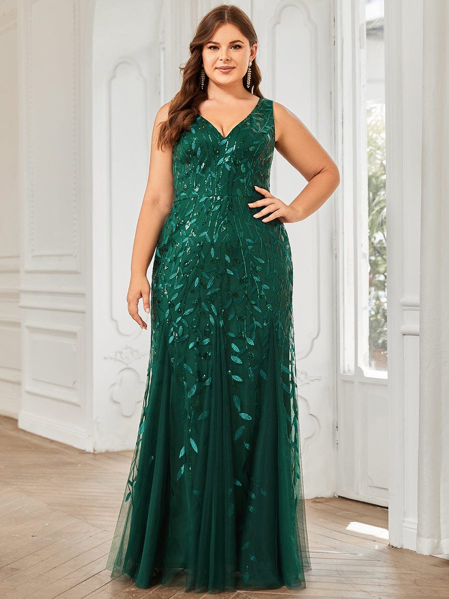 Plus Size V-Neck Sequin Bodycon Tulle Maxi Dress #color_Dark Green