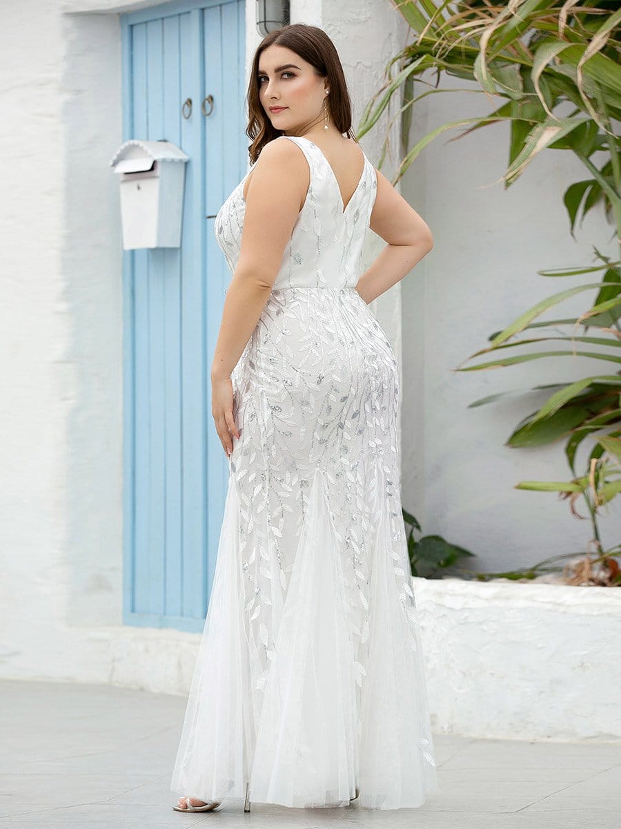 Plus Size V-Neck Sequin Bodycon Tulle Maxi Dress #color_White