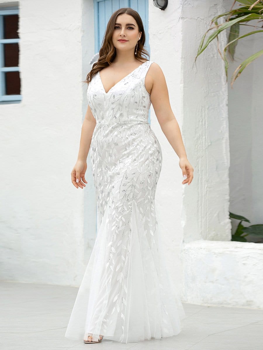 Plus Size V-Neck Sequin Bodycon Tulle Maxi Dress #color_White