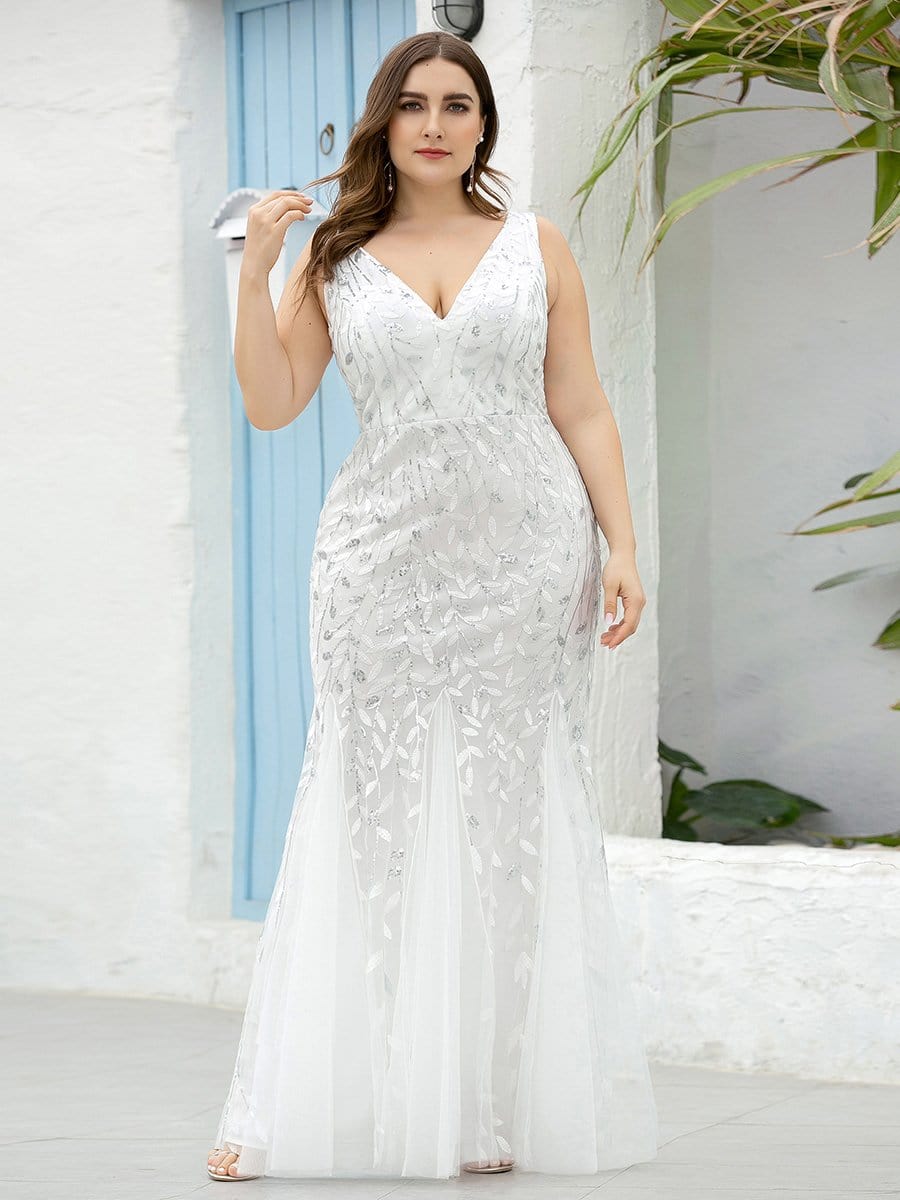 Plus Size V-Neck Sequin Bodycon Tulle Maxi Dress #color_White