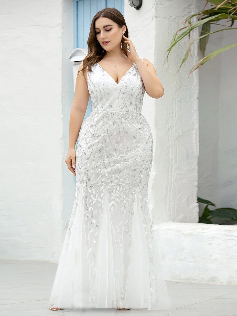 Plus Size V-Neck Sequin Bodycon Tulle Maxi Dress #color_White