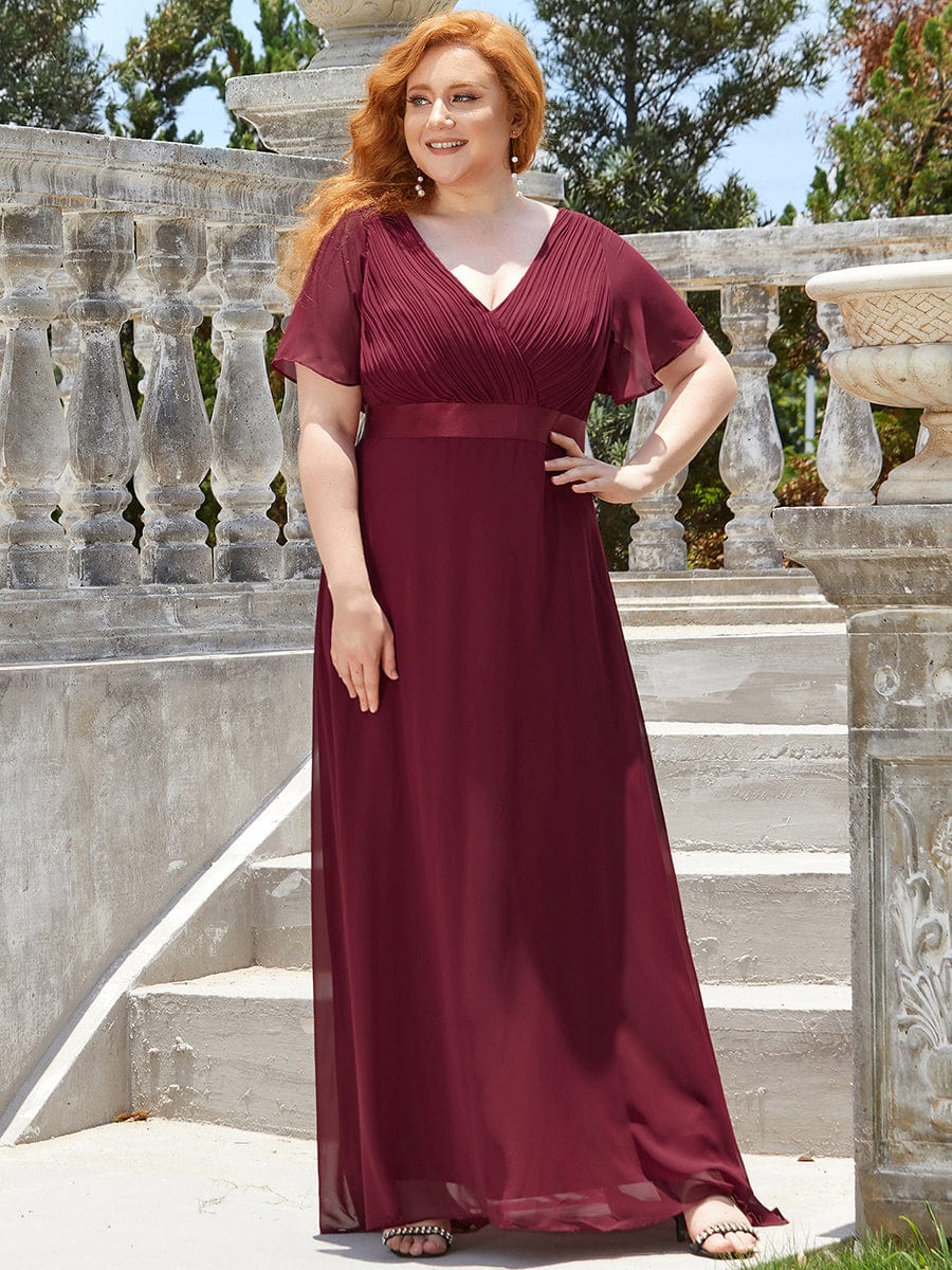 Plus Size Empire Waist Chiffon Maxi Dress with Short Sleeves #color_Burgundy