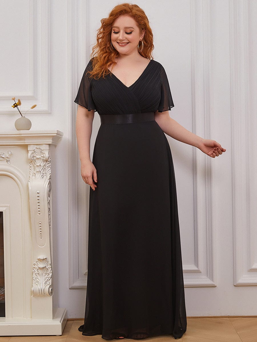 Plus Size Empire Waist Chiffon Maxi Dress with Short Sleeves #color_Black