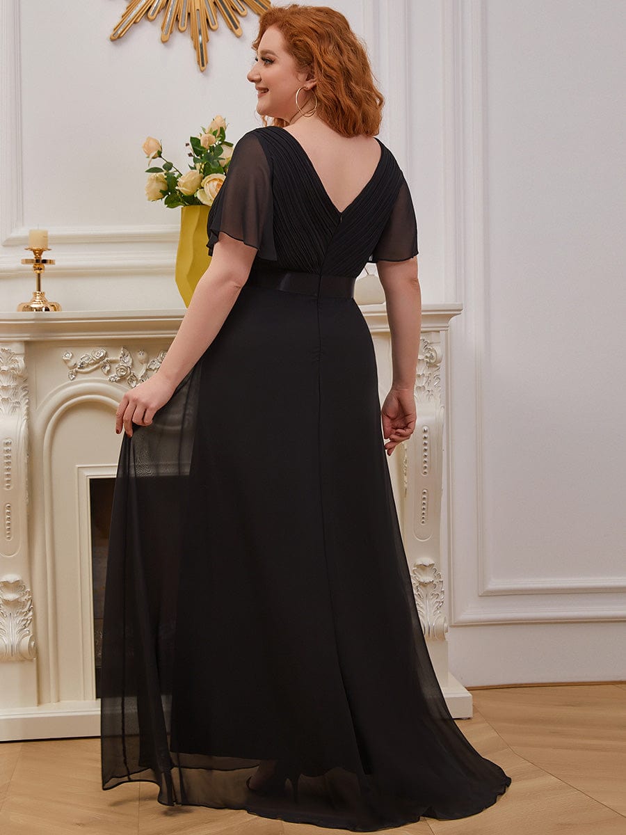 Plus Size Empire Waist Chiffon Maxi Dress with Short Sleeves #color_Black