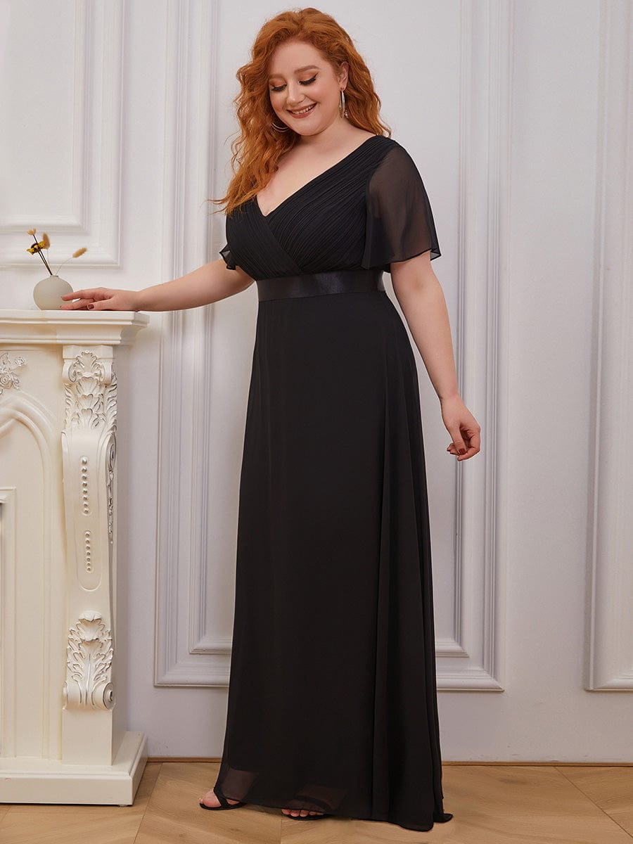 Plus Size Empire Waist Chiffon Maxi Dress with Short Sleeves #color_Black