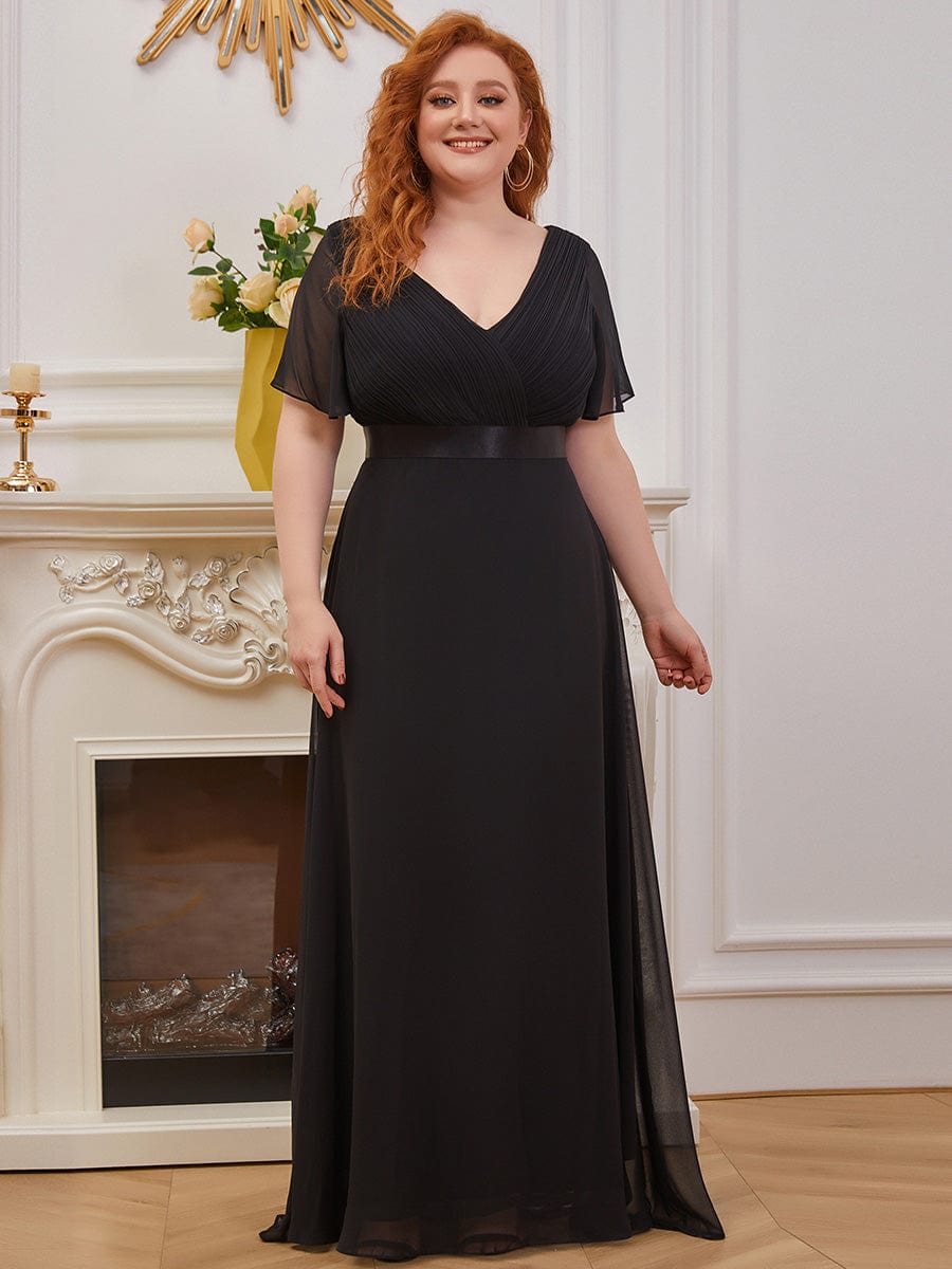 Plus Size Empire Waist Chiffon Maxi Dress with Short Sleeves #color_Black