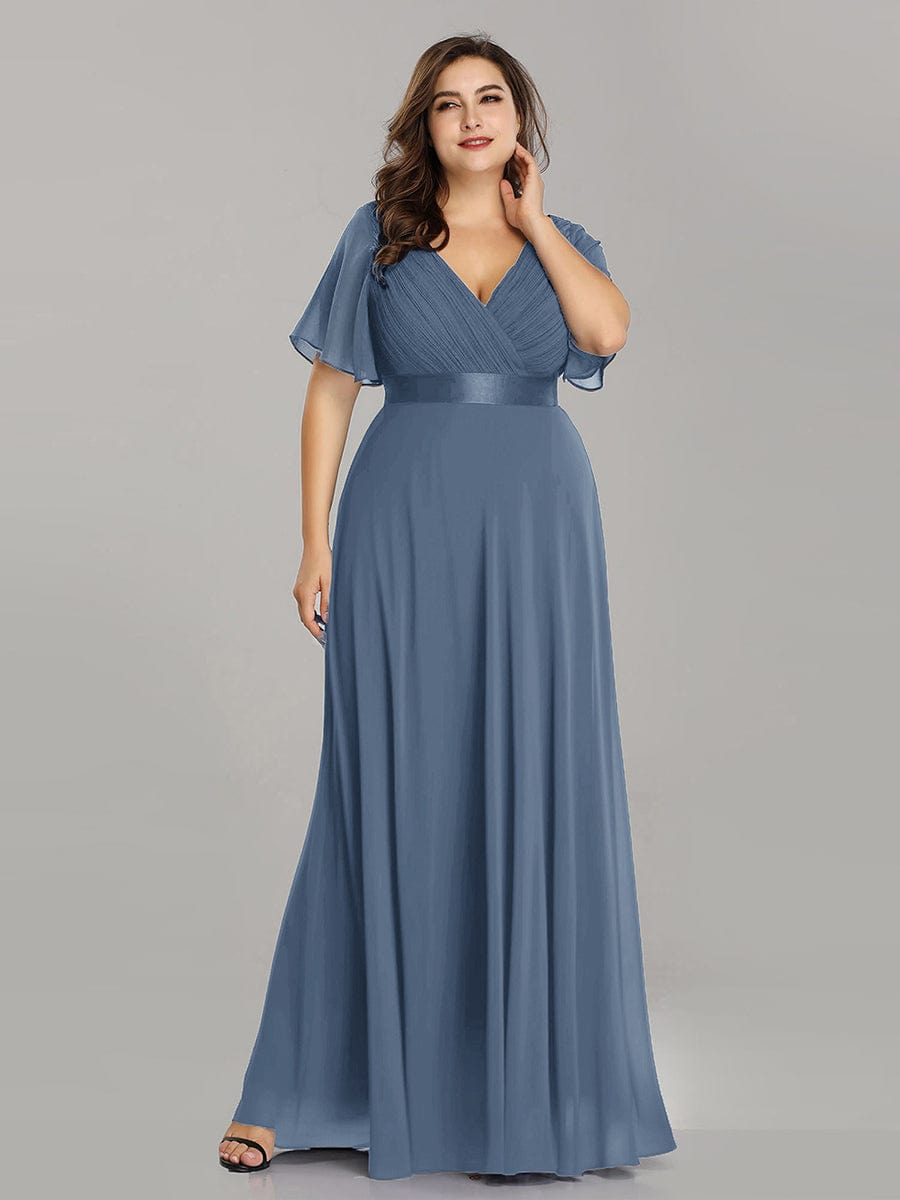 Plus Size Empire Waist Chiffon Maxi Dress with Short Sleeves #color_Dusty Blue