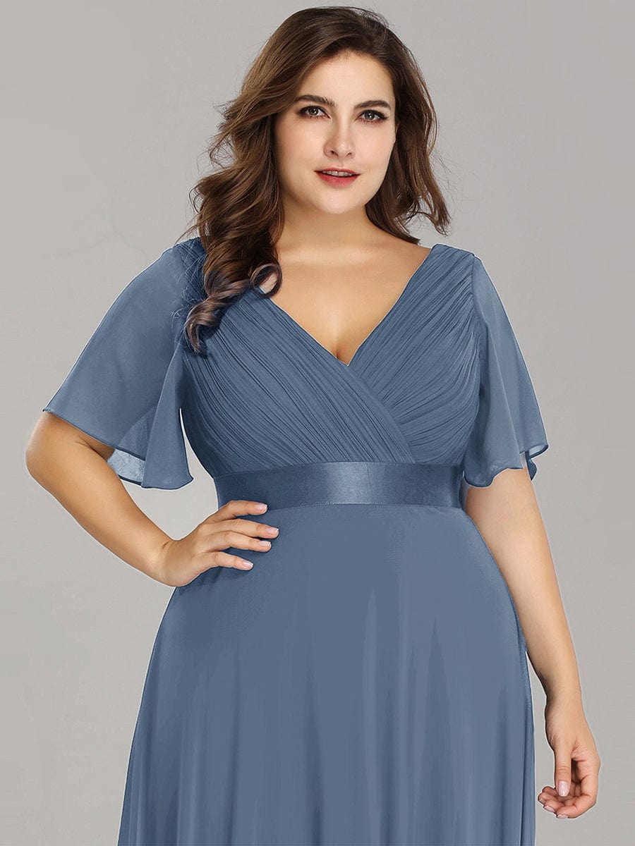 Plus Size Empire Waist Chiffon Maxi Dress with Short Sleeves #color_Dusty Blue