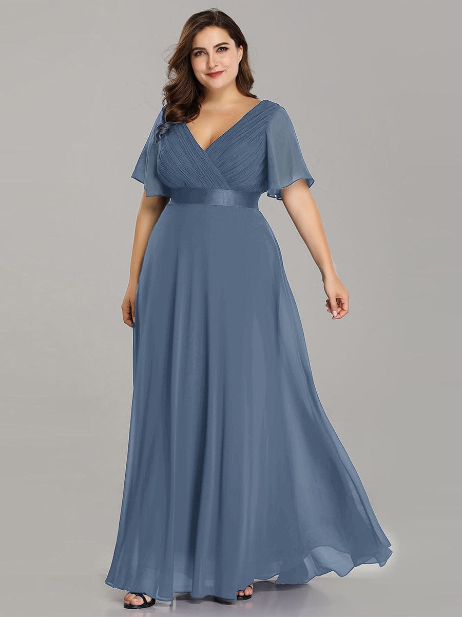 Plus Size Empire Waist Chiffon Maxi Dress with Short Sleeves #color_Dusty Blue