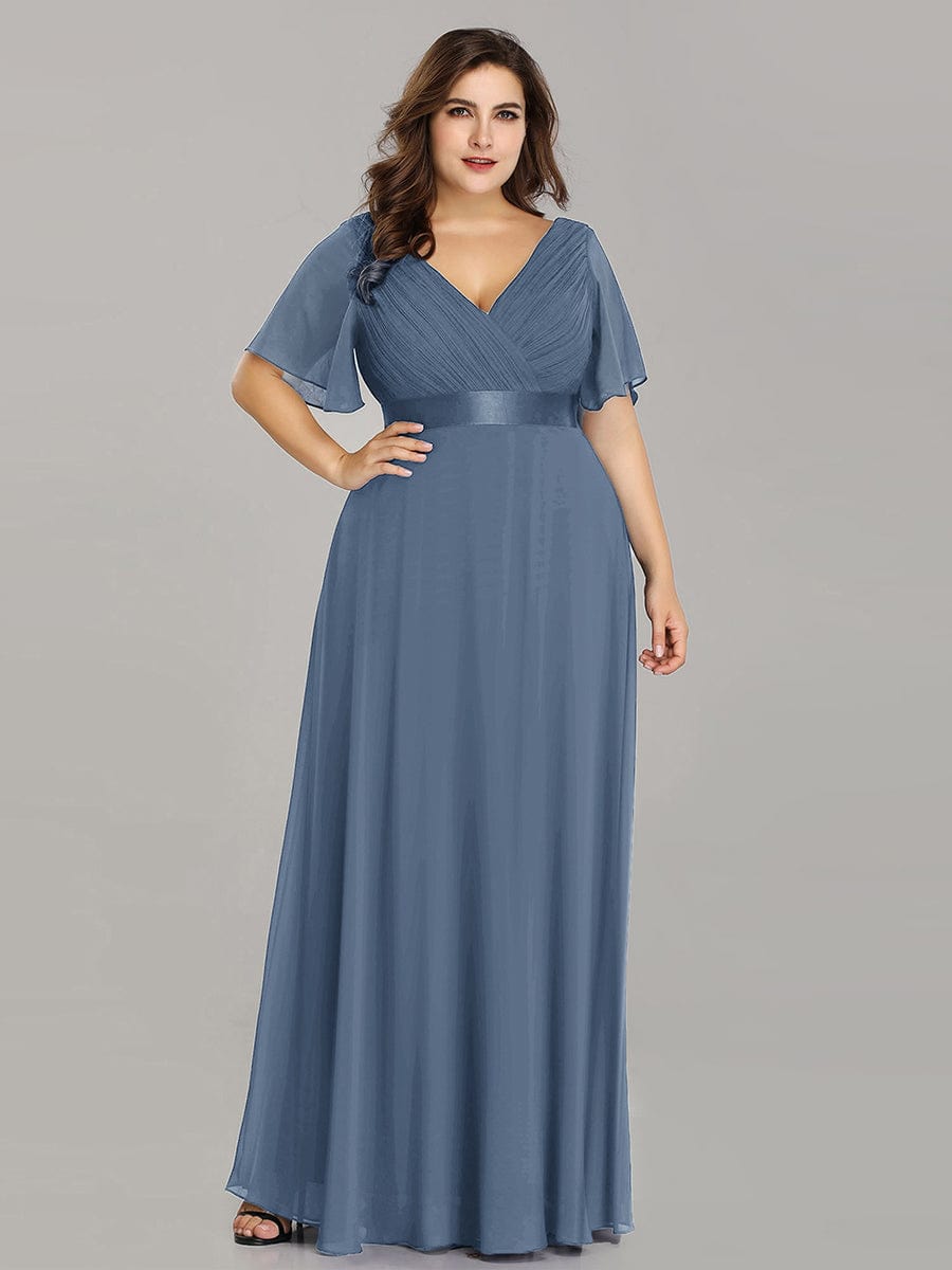 Plus Size Empire Waist Chiffon Maxi Dress with Short Sleeves #color_Dusty Blue