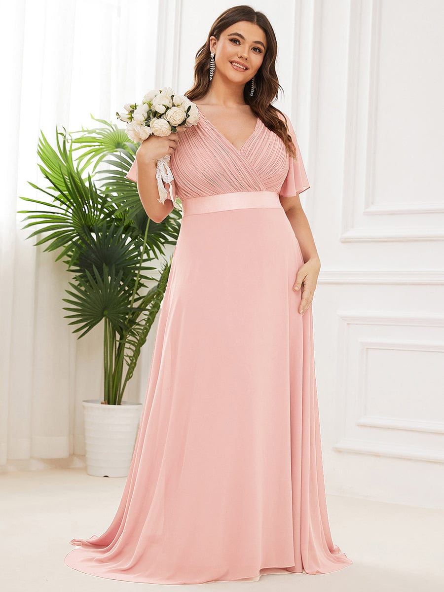 Plus Size Empire Waist Chiffon Maxi Dress with Short Sleeves #color_Pink