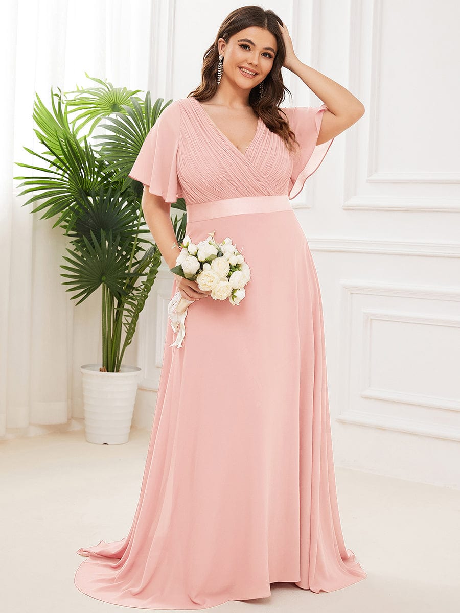 Plus Size Empire Waist Chiffon Maxi Dress with Short Sleeves #color_Pink