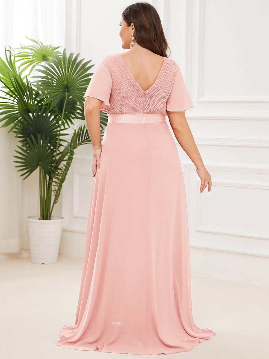 Plus Size Empire Waist Chiffon Maxi Dress with Short Sleeves #color_Pink