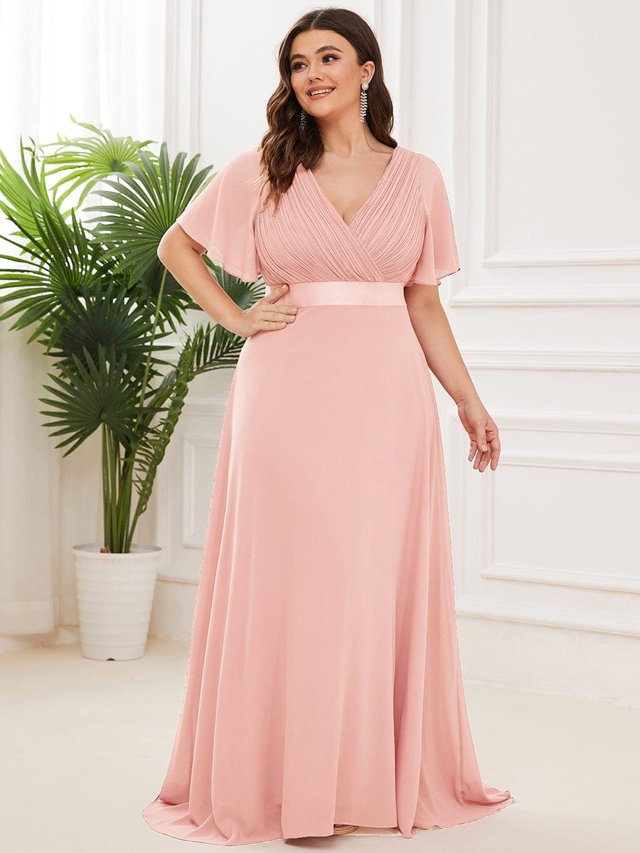 Plus Size Empire Waist Chiffon Maxi Dress with Short Sleeves #color_Pink