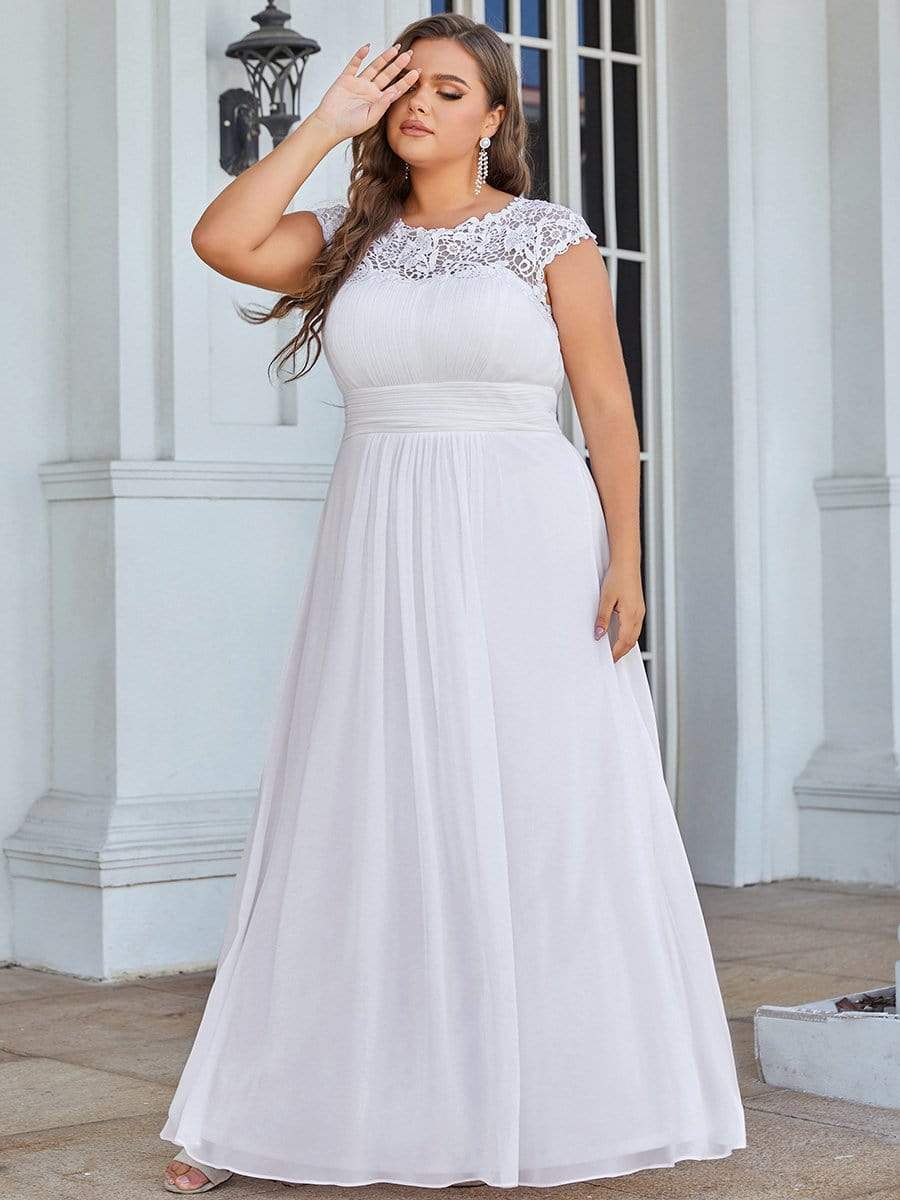 Plus Size Maxi Lace Cap Sleeve Dress #color_White