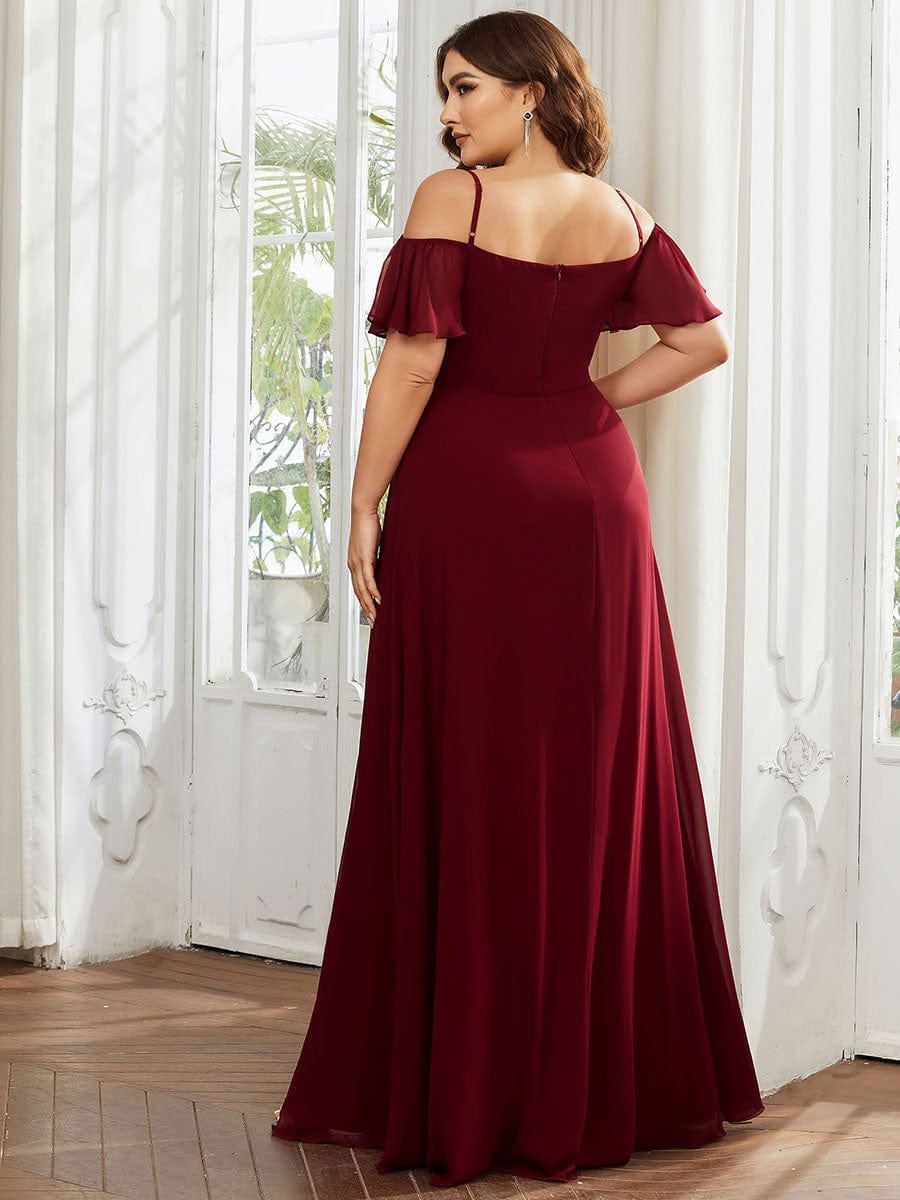 Plus Size Cold Shoulder Maxi Dress with Side Slit #color_Burgundy