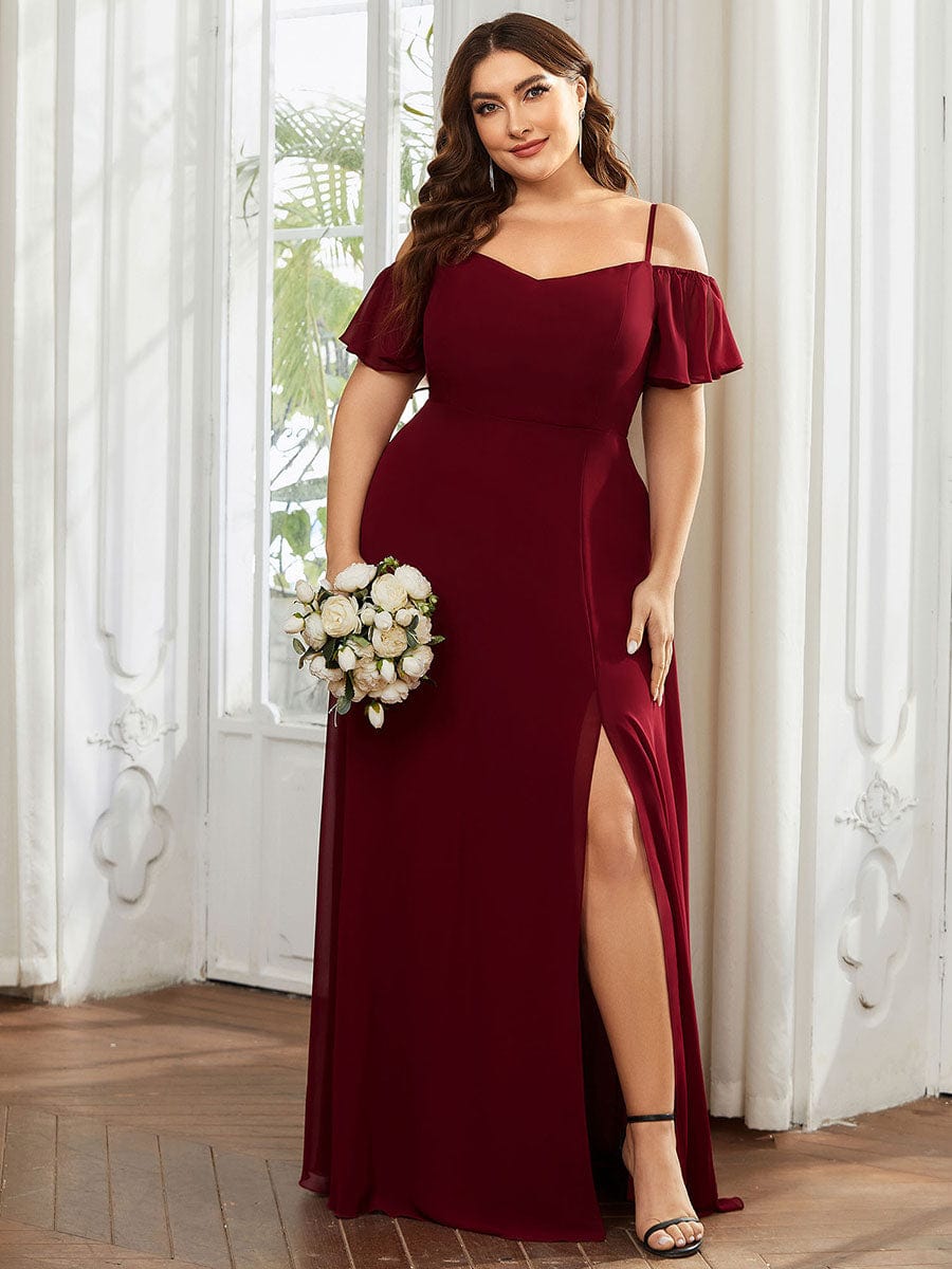 Plus Size Cold Shoulder Maxi Dress with Side Slit #color_Burgundy