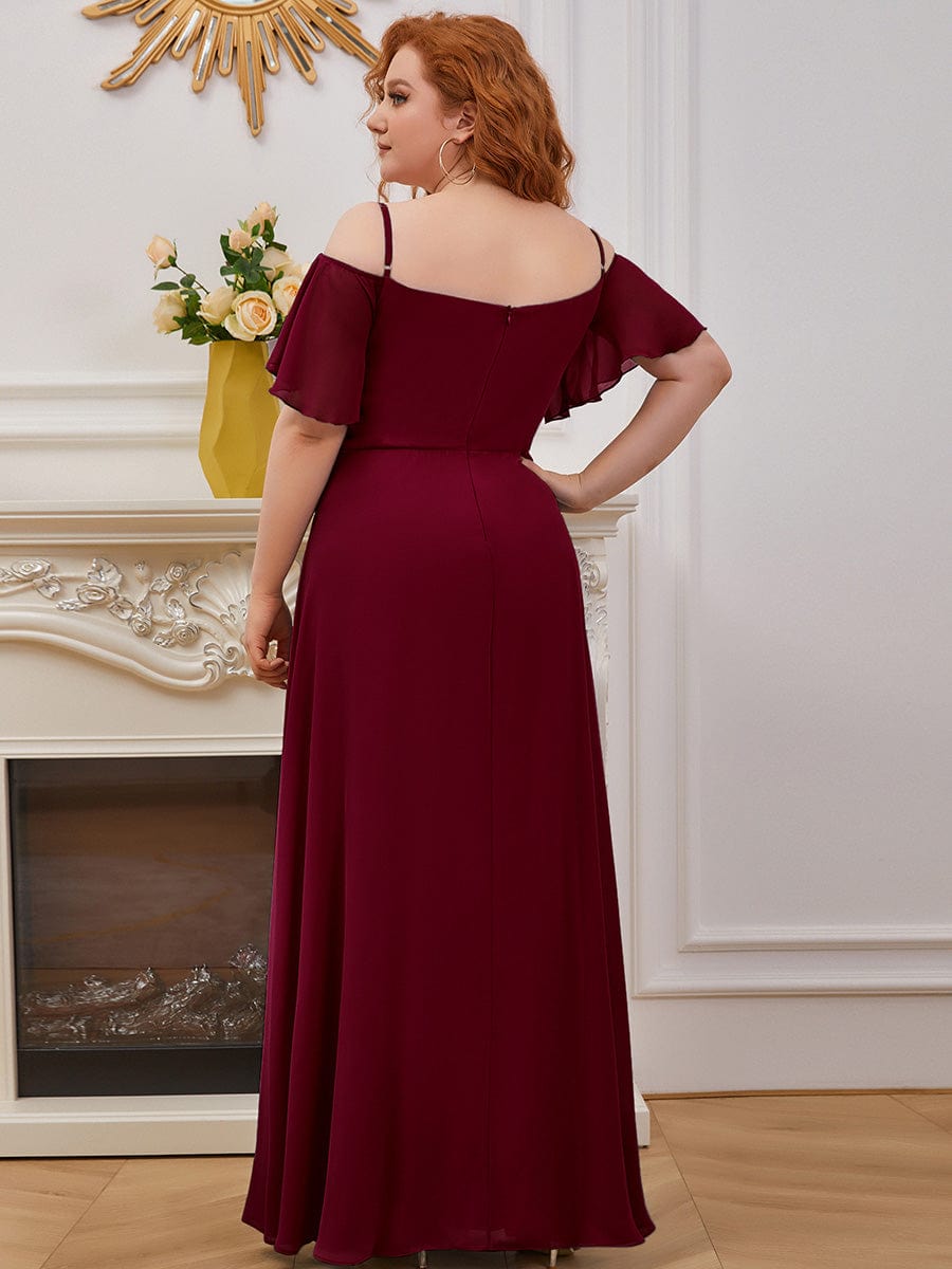 Plus Size Cold Shoulder Maxi Dress with Side Slit #color_Burgundy