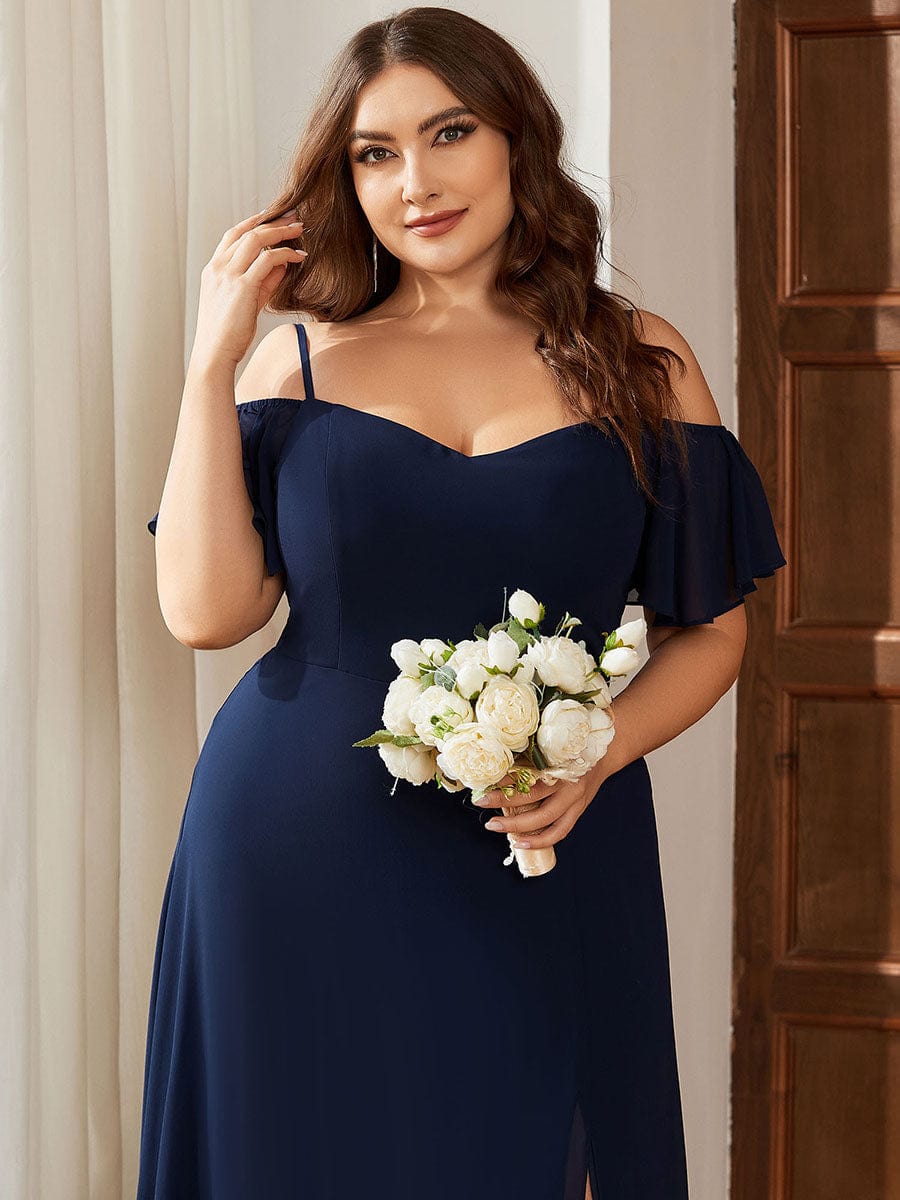 Plus Size Cold Shoulder Maxi Dress with Side Slit #color_Navy Blue