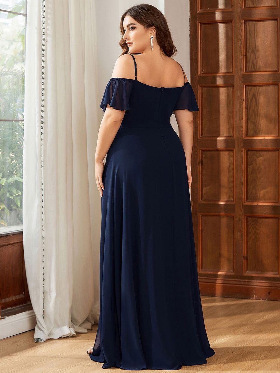 Plus Size Cold Shoulder Maxi Dress with Side Slit #color_Navy Blue