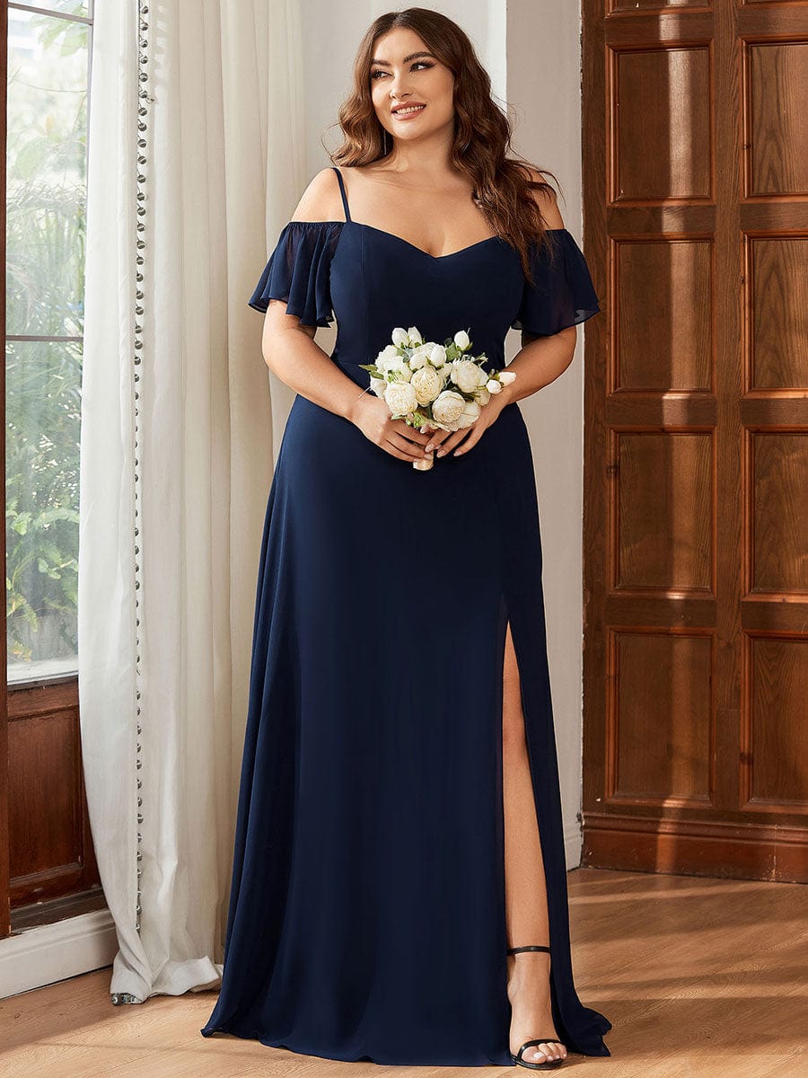 Plus Size Cold Shoulder Maxi Dress with Side Slit #color_Navy Blue