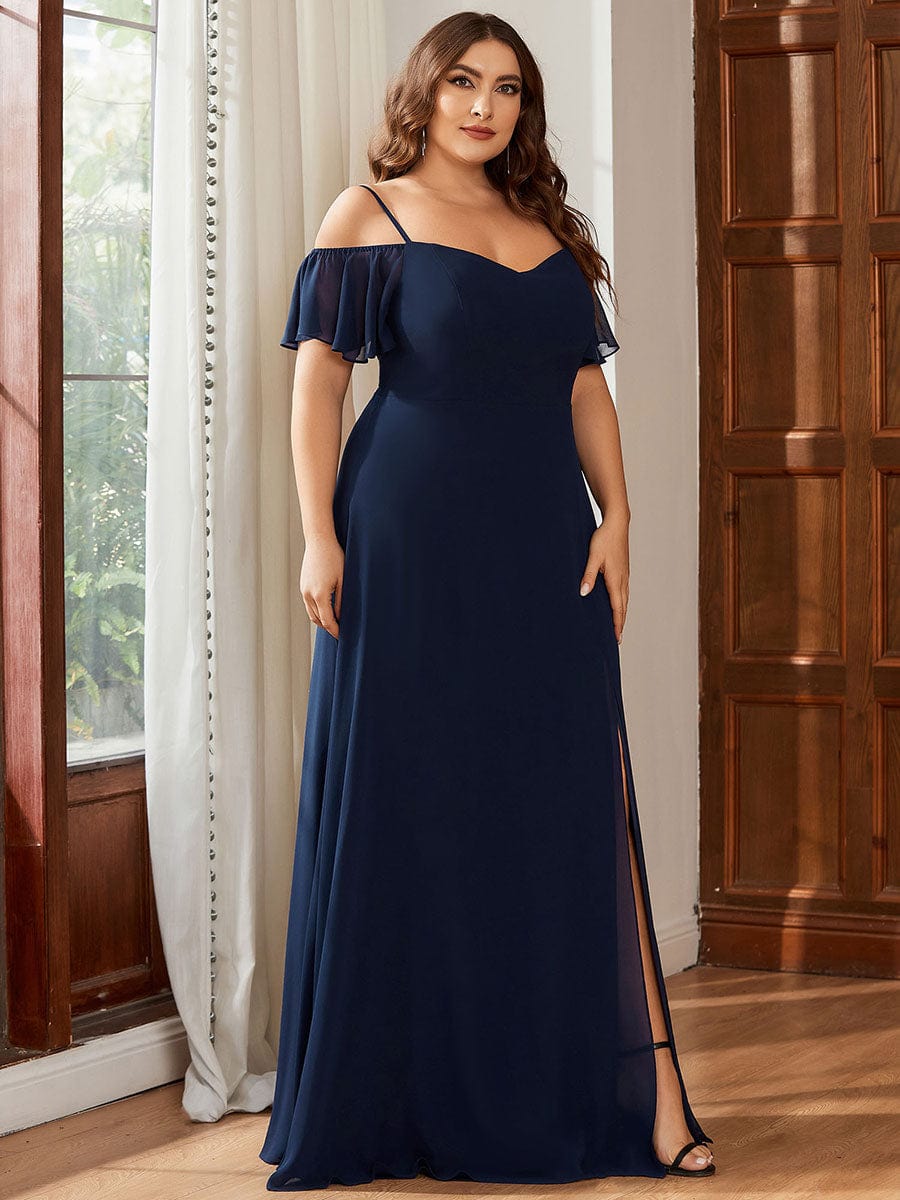 Plus Size Cold Shoulder Maxi Dress with Side Slit #color_Navy Blue