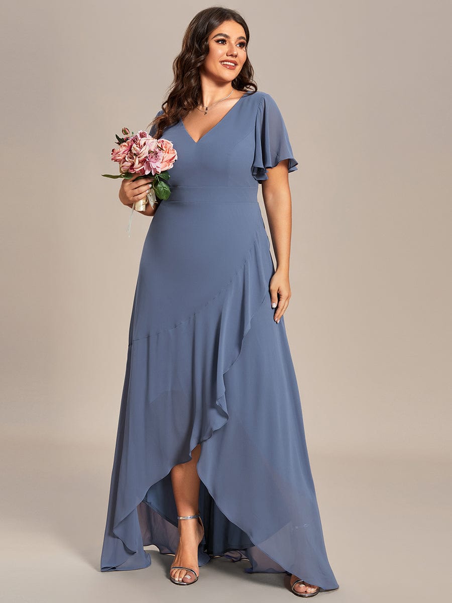 Plus Size Ruffled High Low Chiffon Dress #color_Dusty Blue