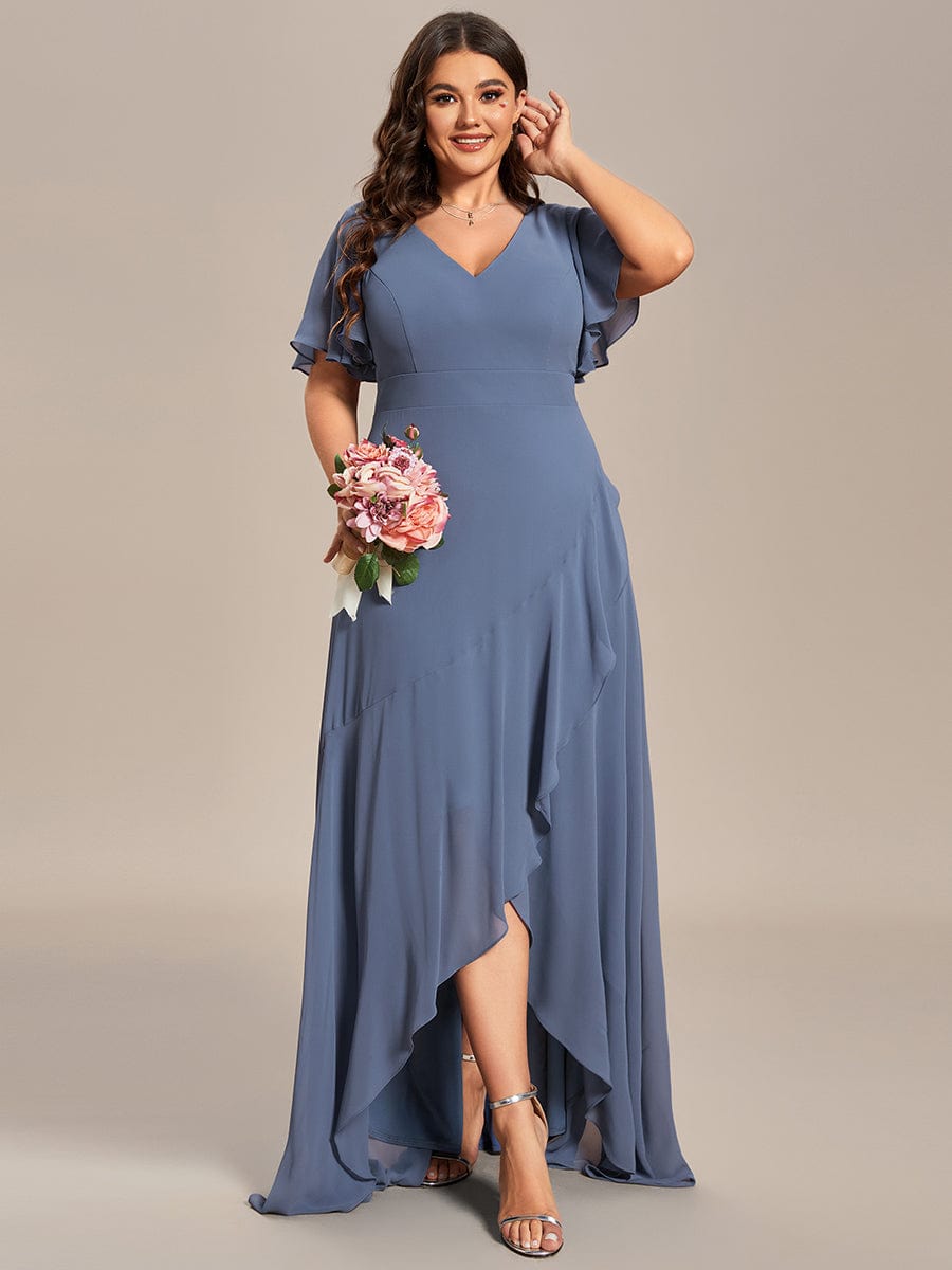 Plus Size Ruffled High Low Chiffon Dress #color_Dusty Blue