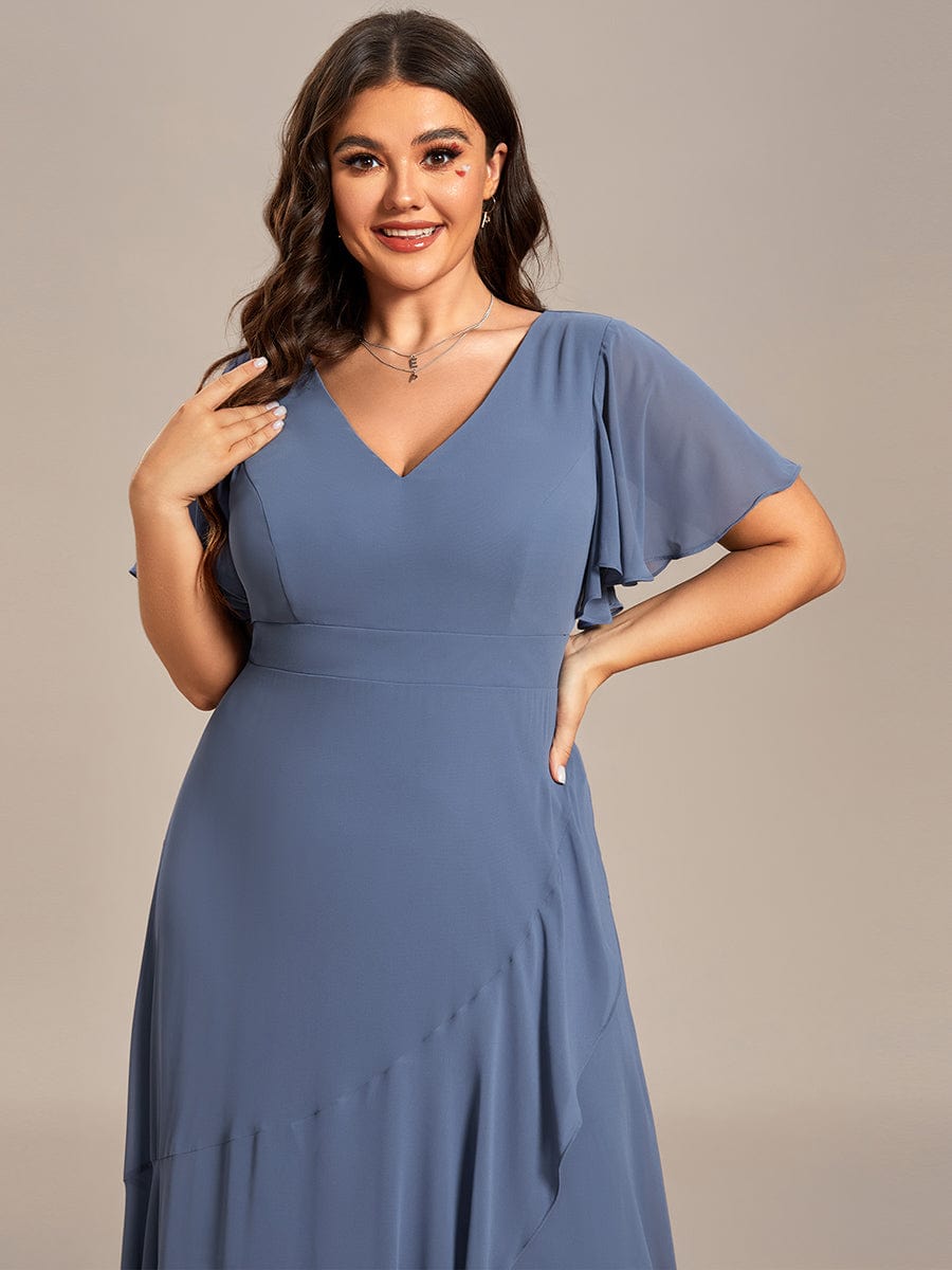 Plus Size Ruffled High Low Chiffon Dress #color_Dusty Blue