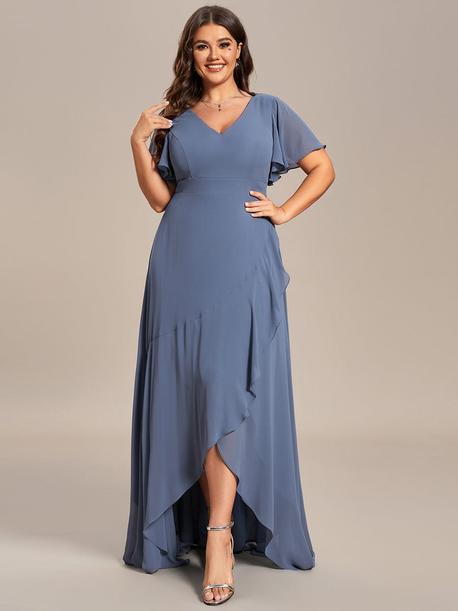 Plus Size Ruffled High Low Chiffon Dress #color_Dusty Blue