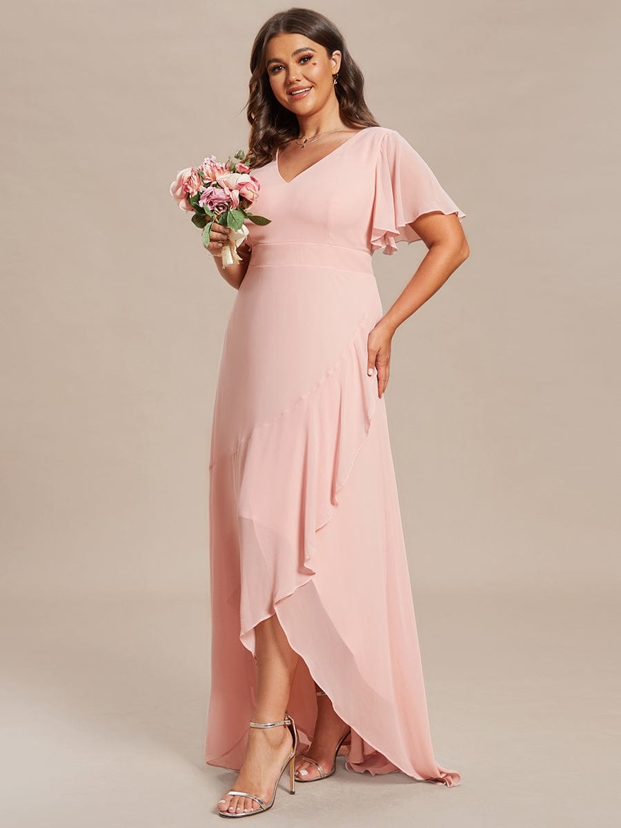 Plus Size Ruffled High Low Chiffon Dress #color_Pink