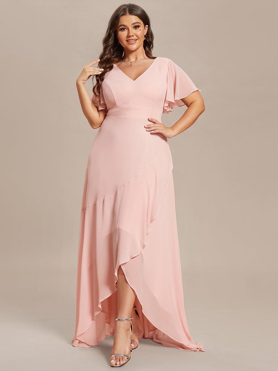 Plus Size Ruffled High Low Chiffon Dress #color_Pink