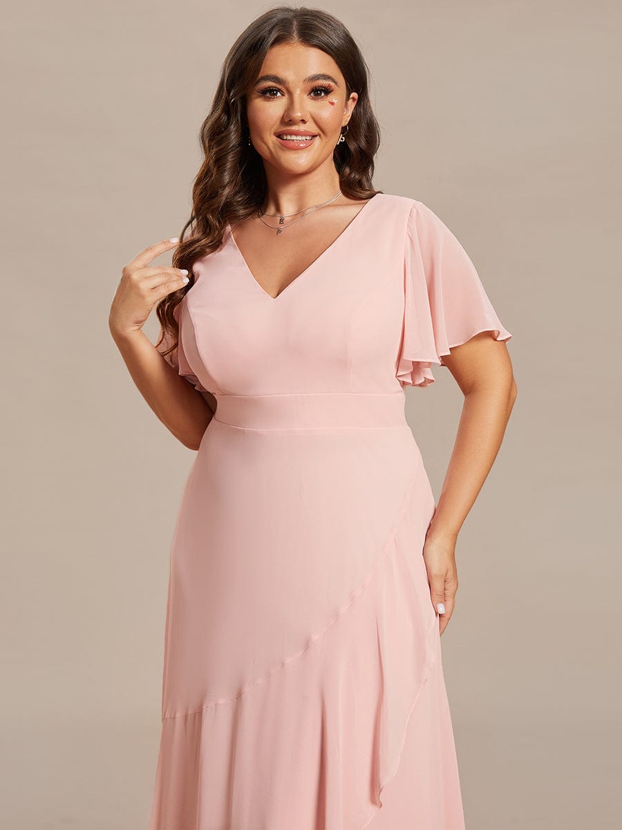 Plus Size Ruffled High Low Chiffon Dress #color_Pink