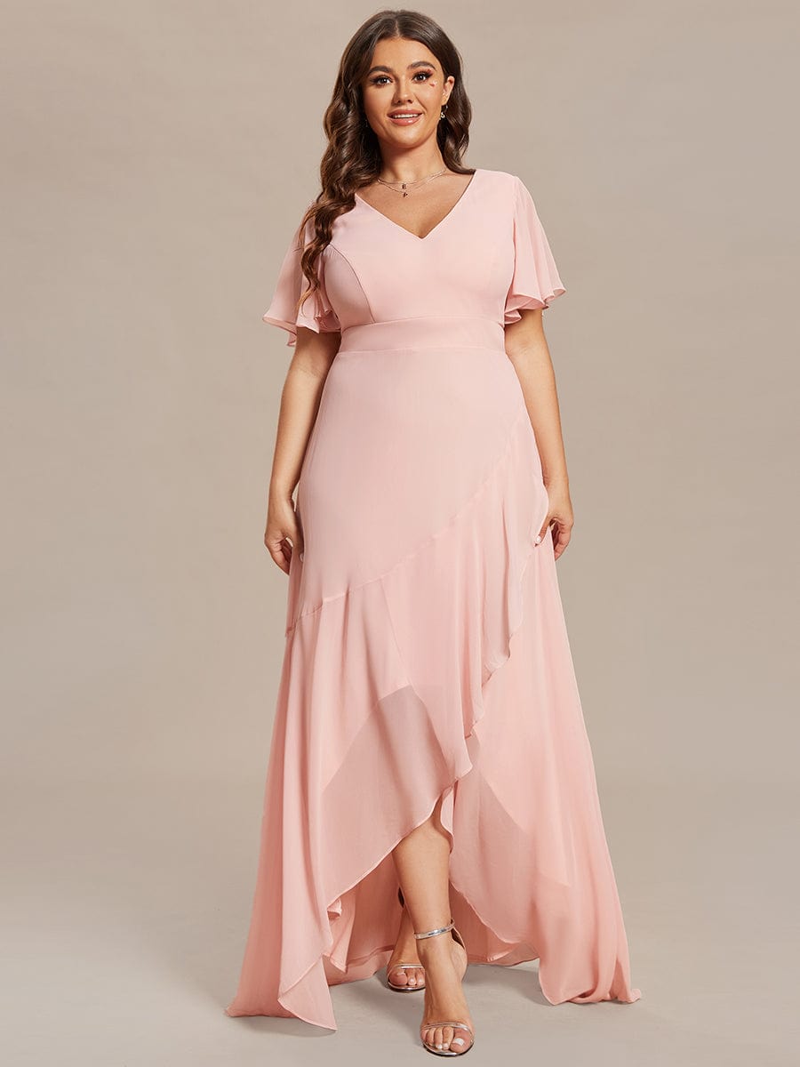 Plus Size Ruffled High Low Chiffon Dress #color_Pink