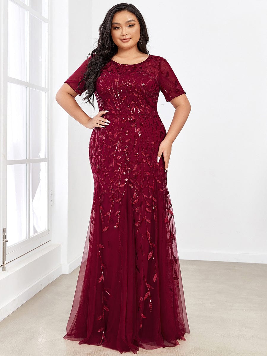 Plus Size Bodycon Sequin Tulle Maxi Dress #color_Burgundy