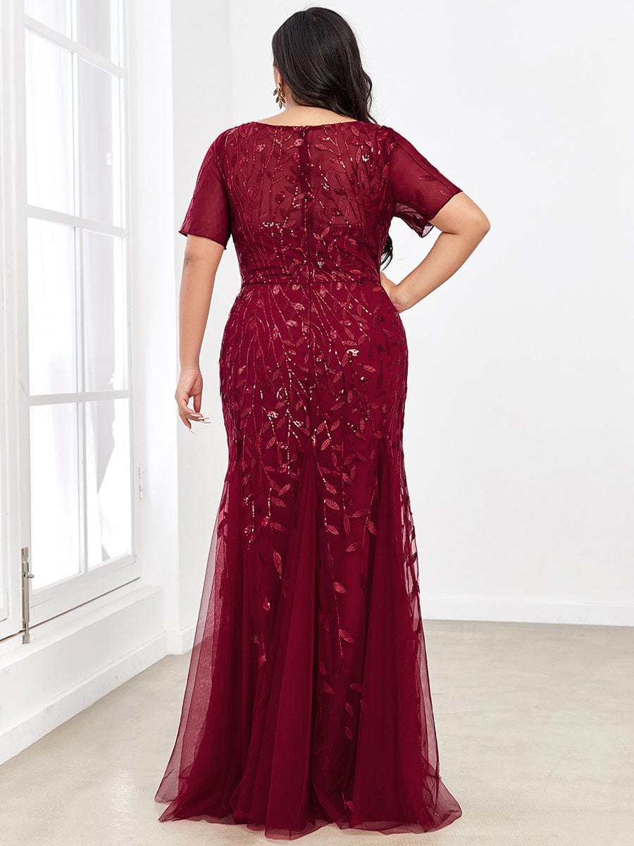 Plus Size Bodycon Sequin Tulle Maxi Dress #color_Burgundy