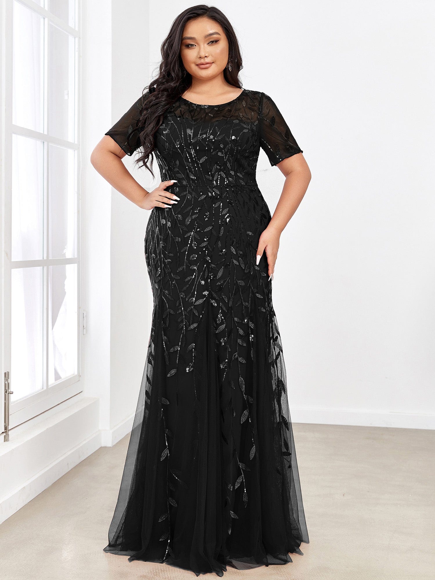 Plus Size Bodycon Sequin Tulle Maxi Dress #color_Black