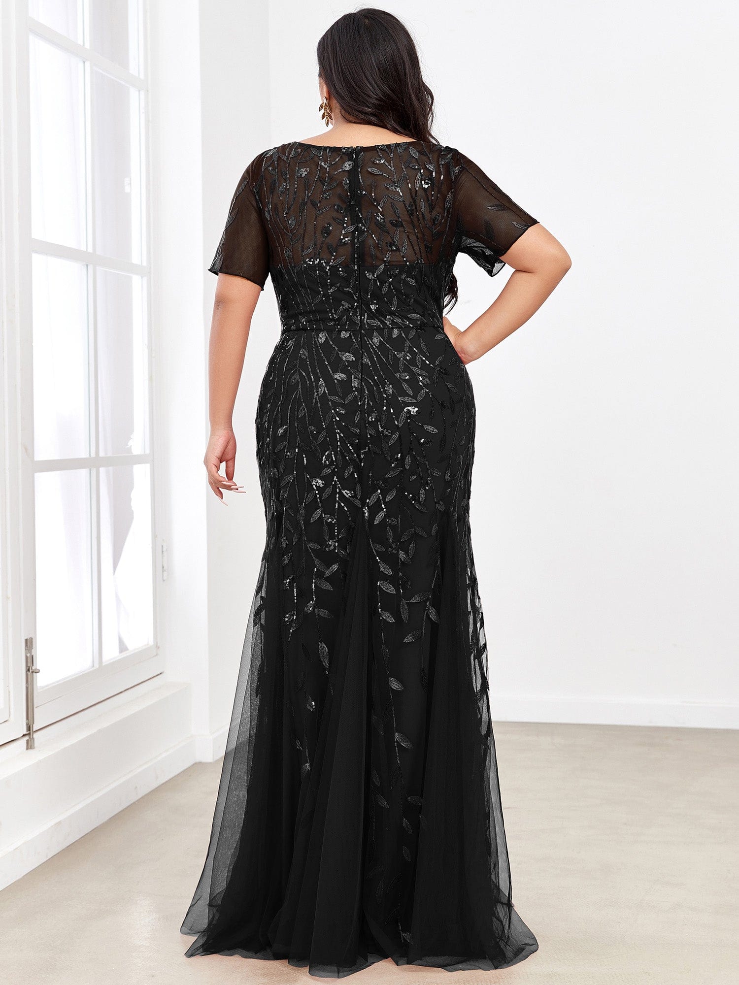 Plus Size Bodycon Sequin Tulle Maxi Dress #color_Black