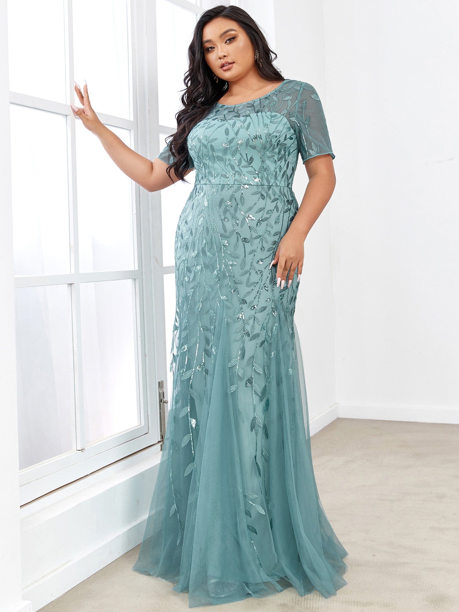 Plus Size Bodycon Sequin Tulle Maxi Dress #color_Light Teal