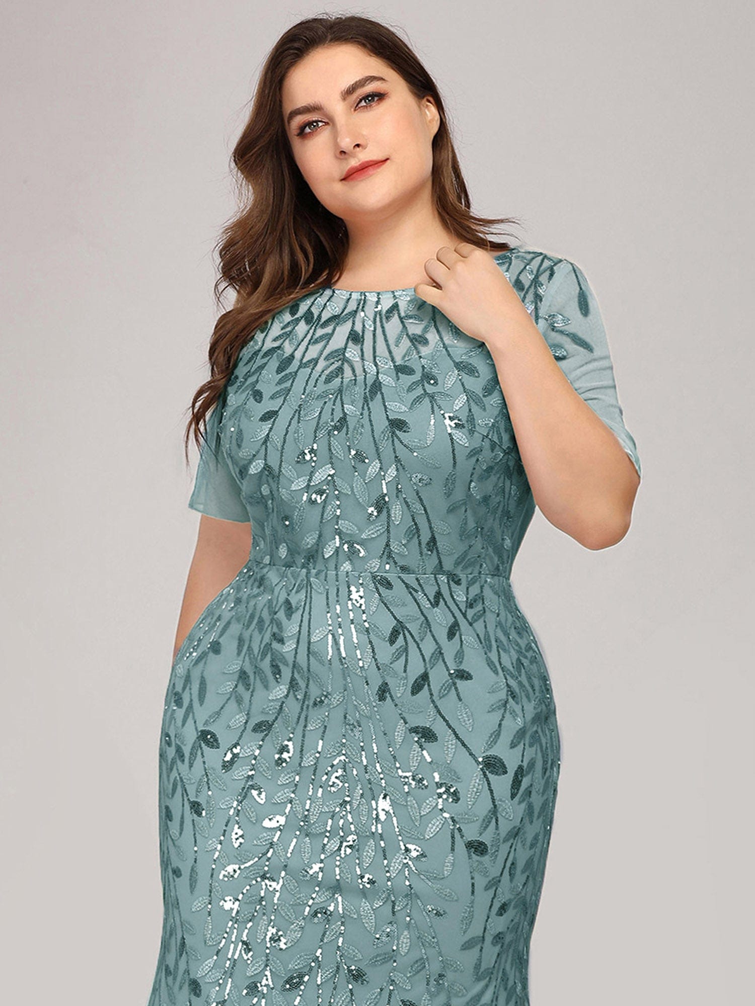 Plus Size Bodycon Sequin Tulle Maxi Dress #color_Light Teal