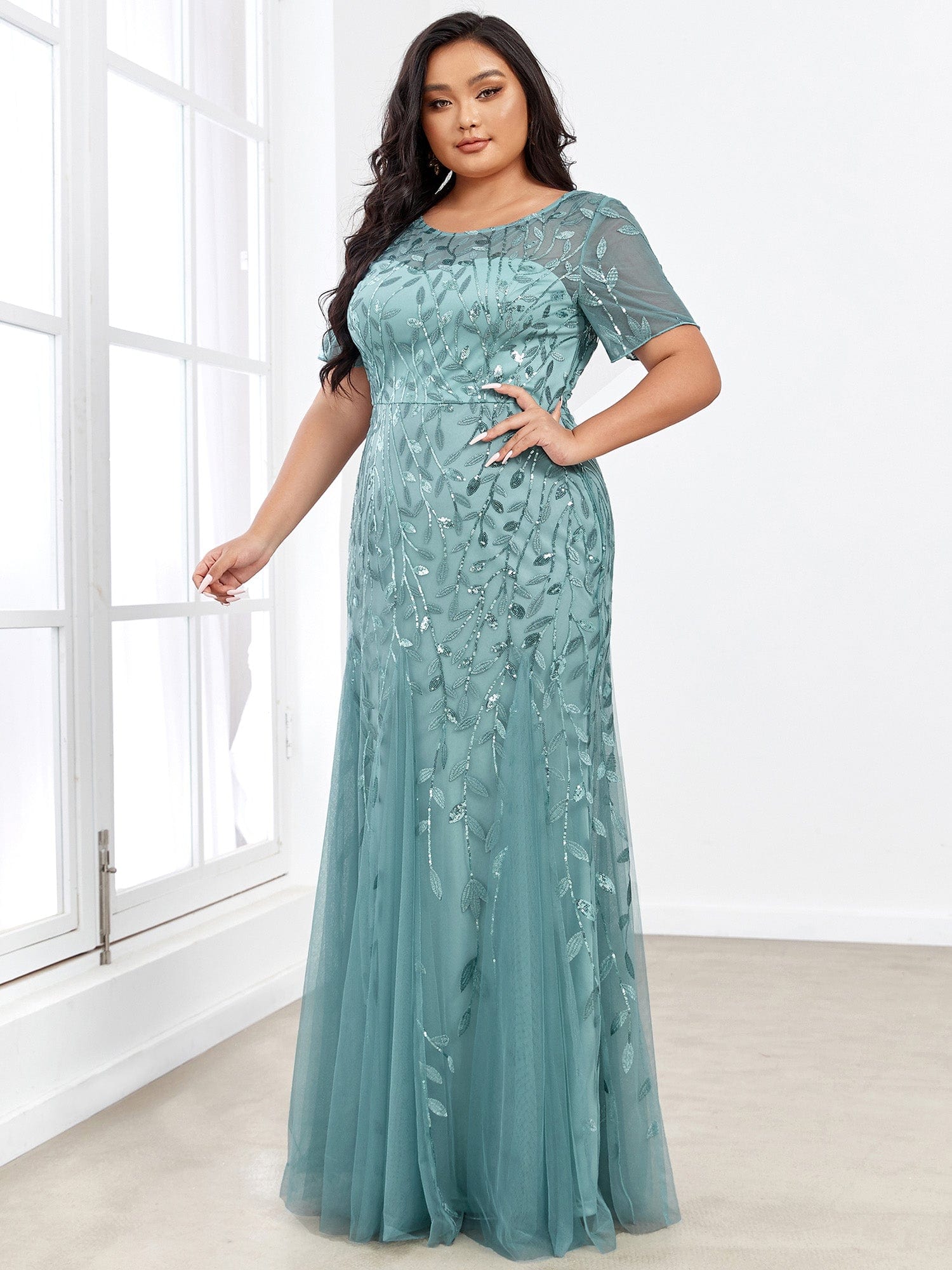 Plus Size Bodycon Sequin Tulle Maxi Dress #color_Light Teal