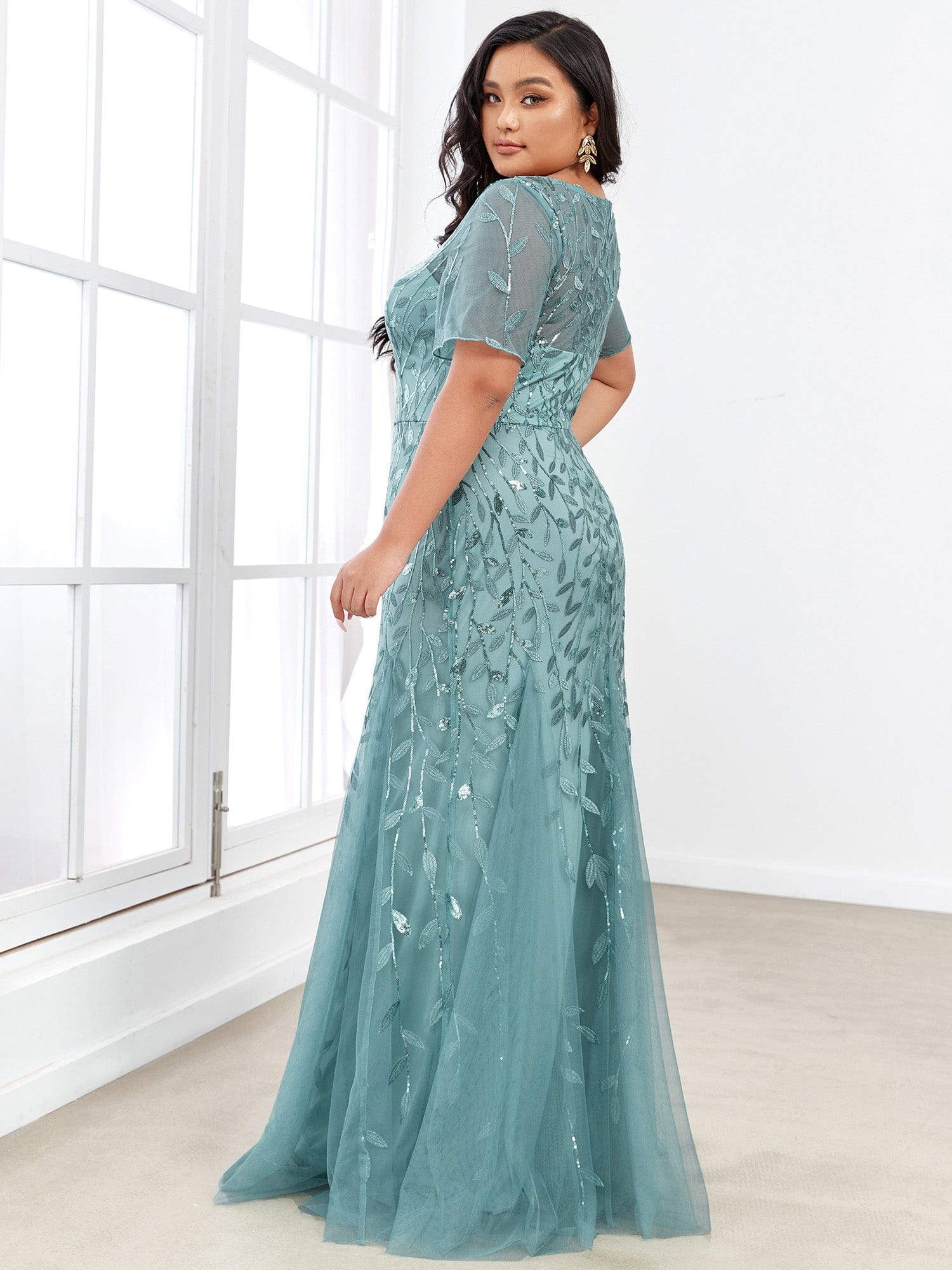 Plus Size Bodycon Sequin Tulle Maxi Dress #color_Light Teal