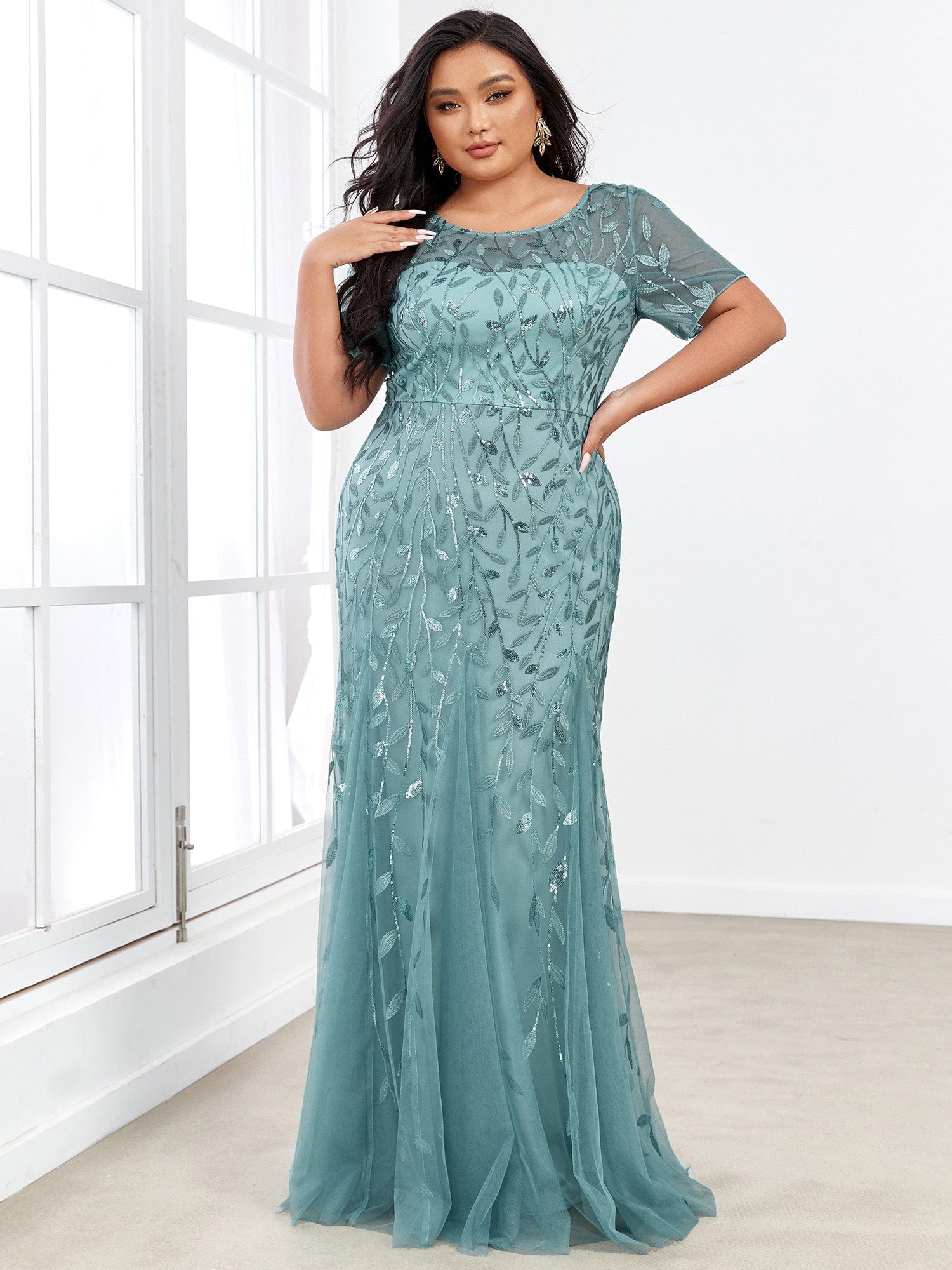 Plus Size Bodycon Sequin Tulle Maxi Dress #color_Light Teal