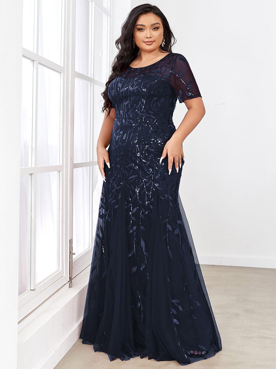 Plus Size Bodycon Sequin Tulle Maxi Dress #color_Navy Blue